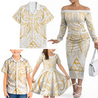 Maori Rugby Custom Ngaru Mangopare Family Matching Off The Shoulder Long Sleeve Dress and Hawaiian Shirt Koura Niho Taniwha Motif