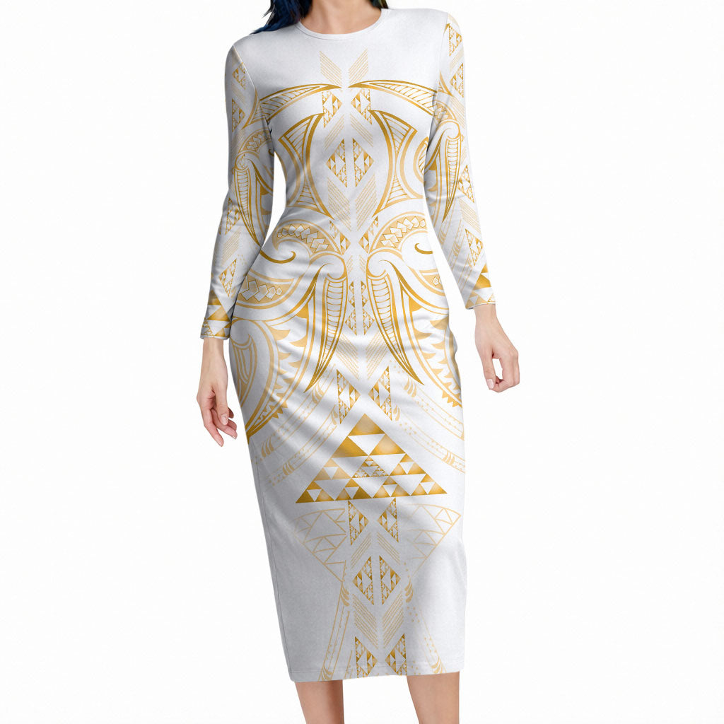 Maori Rugby Custom Ngaru Mangopare Long Sleeve Bodycon Dress Koura Niho Taniwha Motif