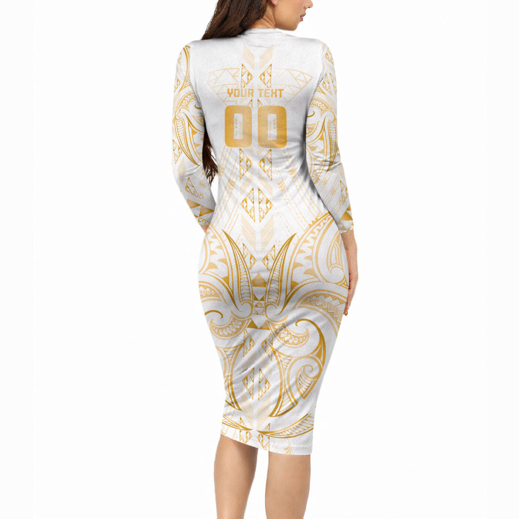 Maori Rugby Custom Ngaru Mangopare Long Sleeve Bodycon Dress Koura Niho Taniwha Motif