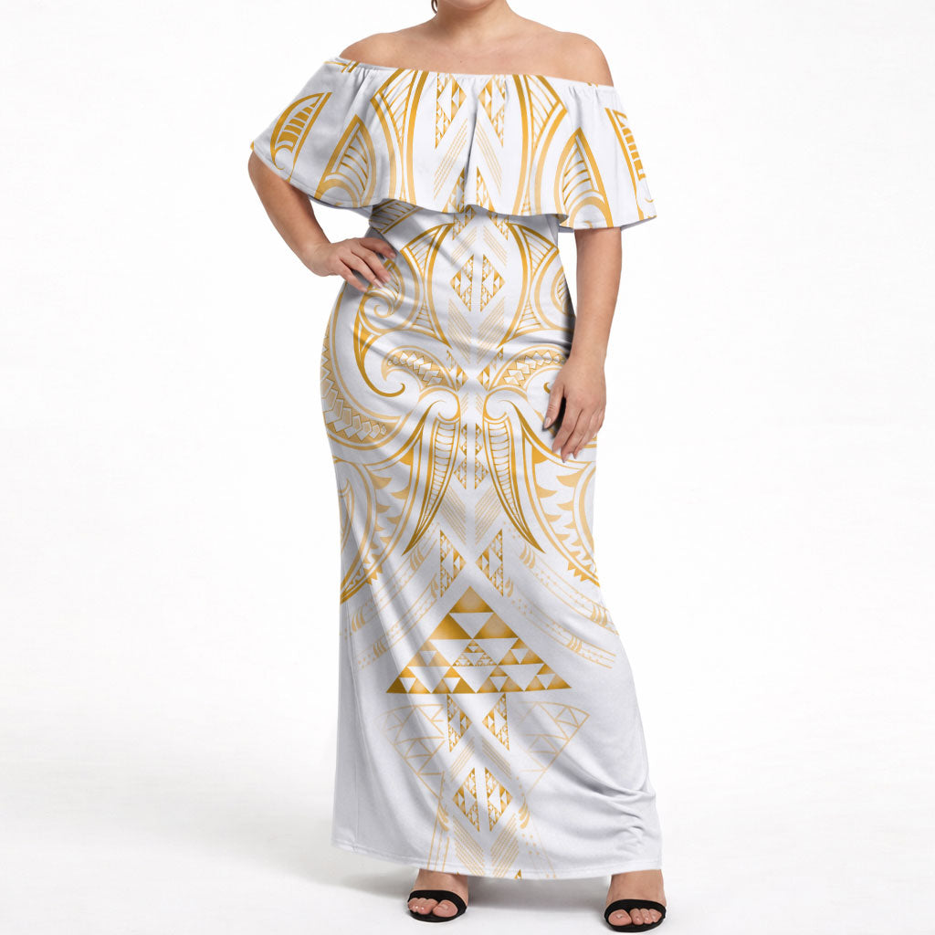 Maori Rugby Custom Ngaru Mangopare Off Shoulder Maxi Dress Koura Niho Taniwha Motif