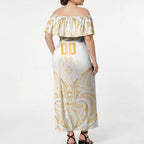 Maori Rugby Custom Ngaru Mangopare Off Shoulder Maxi Dress Koura Niho Taniwha Motif