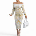 Maori Rugby Custom Ngaru Mangopare Off The Shoulder Long Sleeve Dress Koura Niho Taniwha Motif