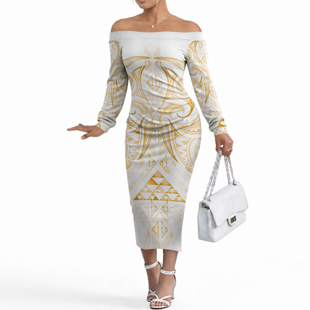Maori Rugby Custom Ngaru Mangopare Off The Shoulder Long Sleeve Dress Koura Niho Taniwha Motif