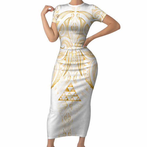 Maori Rugby Custom Ngaru Mangopare Short Sleeve Bodycon Dress Koura Niho Taniwha Motif