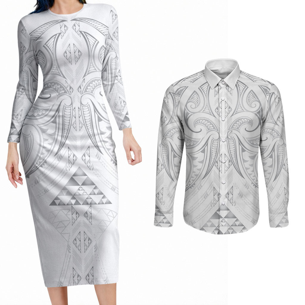 Maori Rugby Custom Ngaru Mangopare Couples Matching Long Sleeve Bodycon Dress and Long Sleeve Button Shirt Kiwikiwi Niho Taniwha Motif