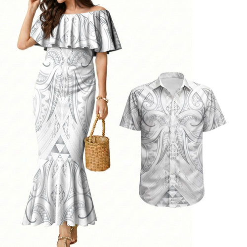 Maori Rugby Custom Ngaru Mangopare Couples Matching Mermaid Dress and Hawaiian Shirt Kiwikiwi Niho Taniwha Motif