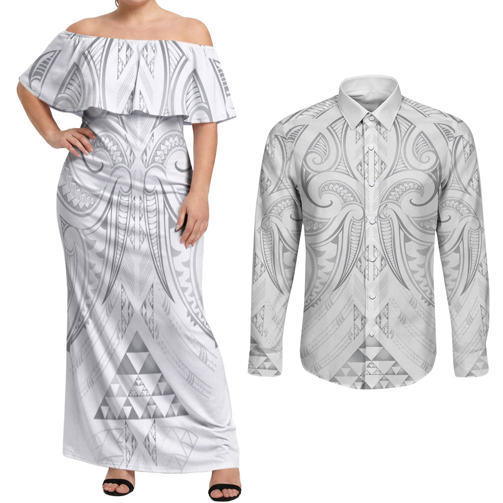 Maori Rugby Custom Ngaru Mangopare Couples Matching Off Shoulder Maxi Dress and Long Sleeve Button Shirt Kiwikiwi Niho Taniwha Motif