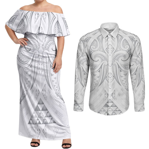 Maori Rugby Custom Ngaru Mangopare Couples Matching Off Shoulder Maxi Dress and Long Sleeve Button Shirt Kiwikiwi Niho Taniwha Motif