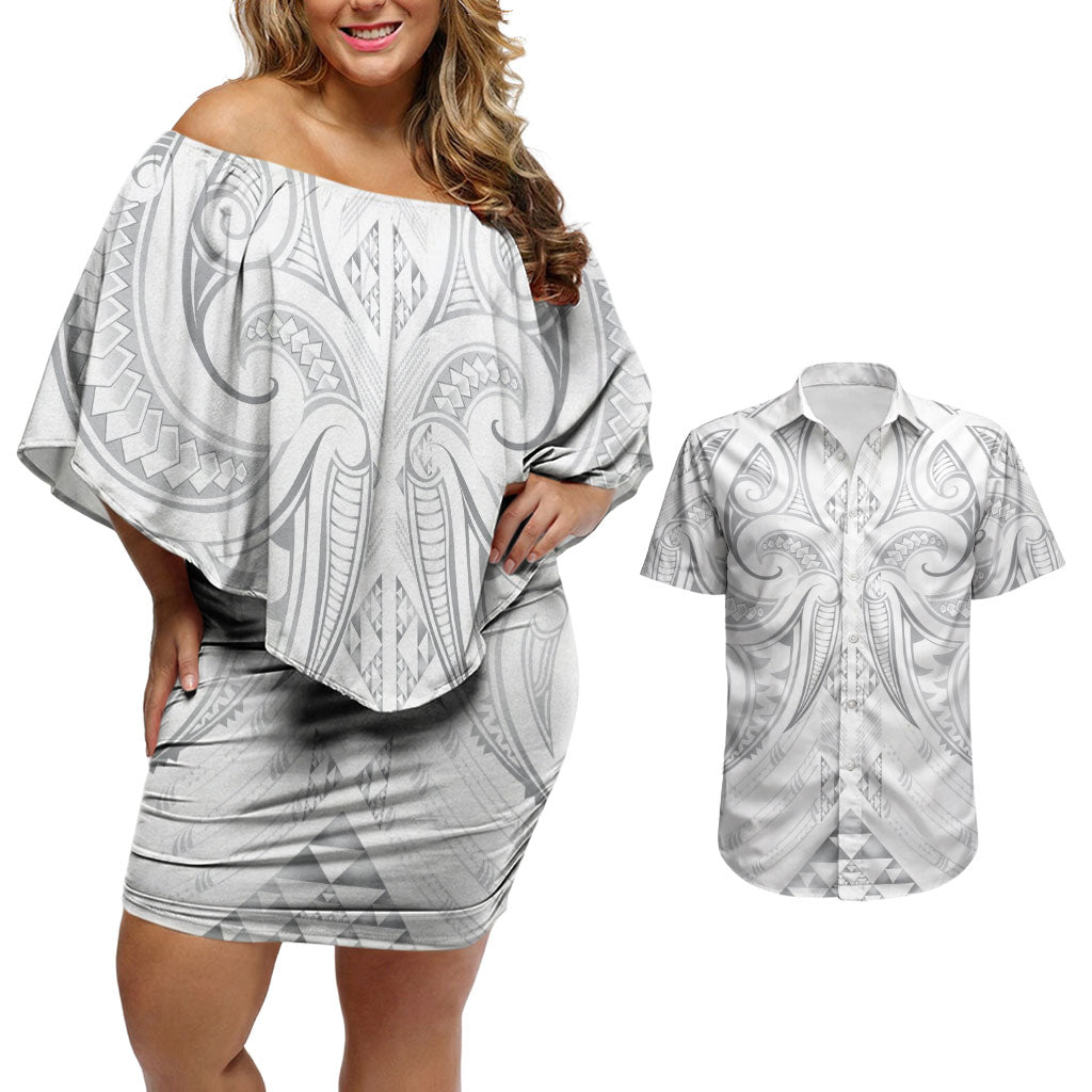 Maori Rugby Custom Ngaru Mangopare Couples Matching Off Shoulder Short Dress and Hawaiian Shirt Kiwikiwi Niho Taniwha Motif
