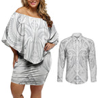 Maori Rugby Custom Ngaru Mangopare Couples Matching Off Shoulder Short Dress and Long Sleeve Button Shirt Kiwikiwi Niho Taniwha Motif