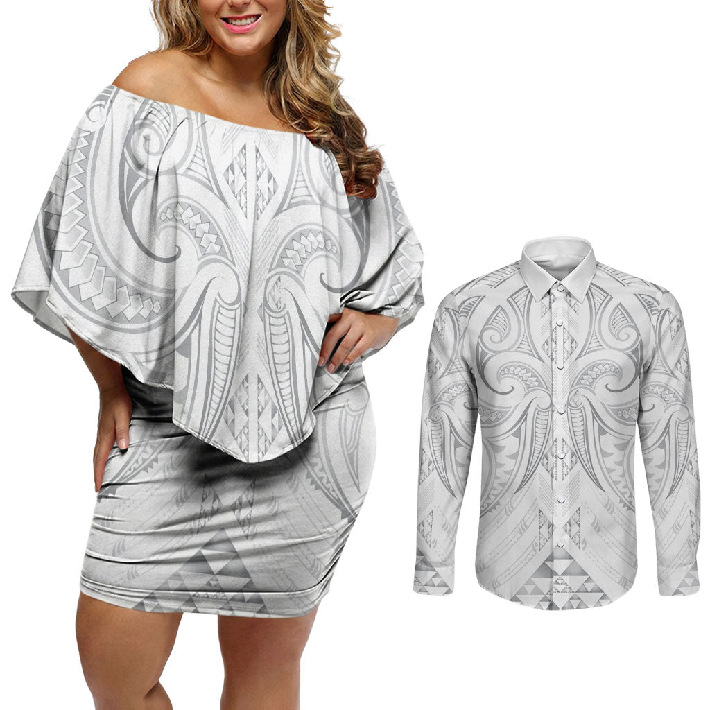 Maori Rugby Custom Ngaru Mangopare Couples Matching Off Shoulder Short Dress and Long Sleeve Button Shirt Kiwikiwi Niho Taniwha Motif