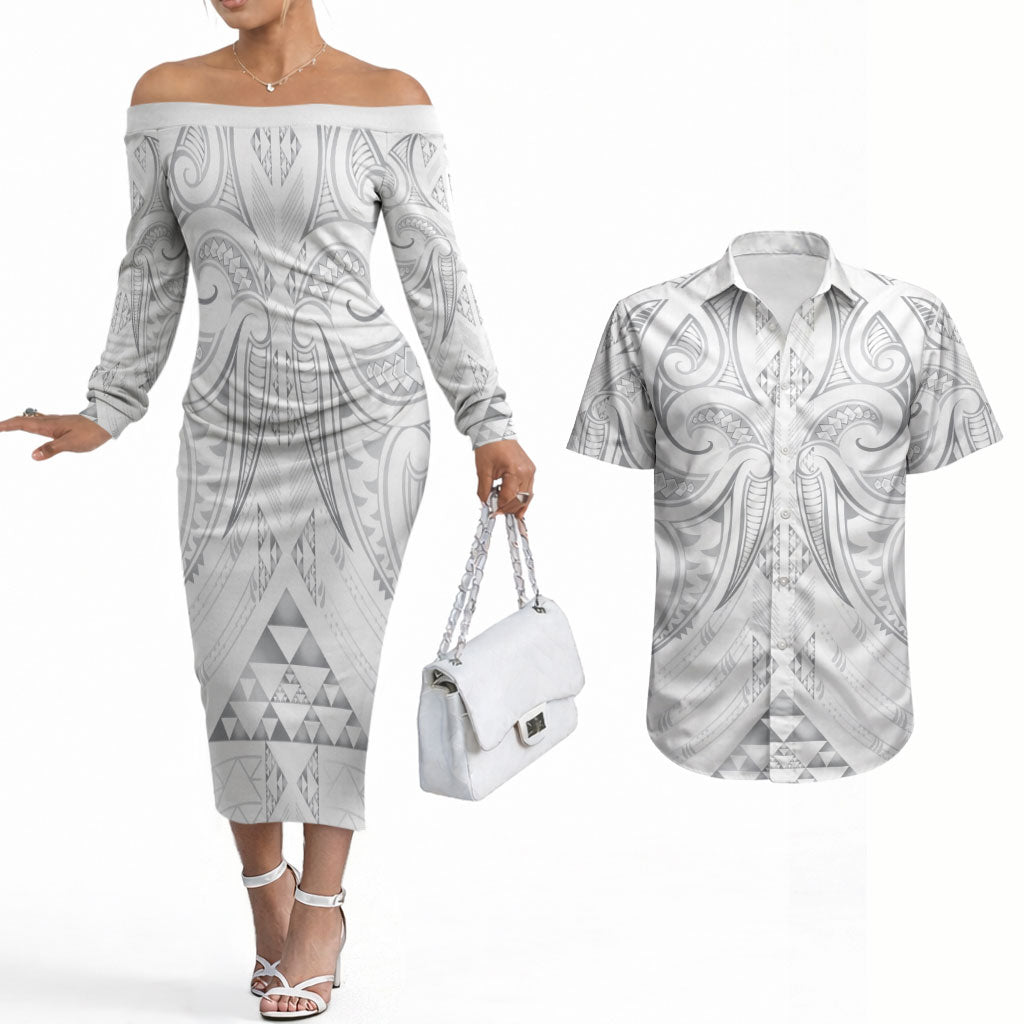 Maori Rugby Custom Ngaru Mangopare Couples Matching Off The Shoulder Long Sleeve Dress and Hawaiian Shirt Kiwikiwi Niho Taniwha Motif