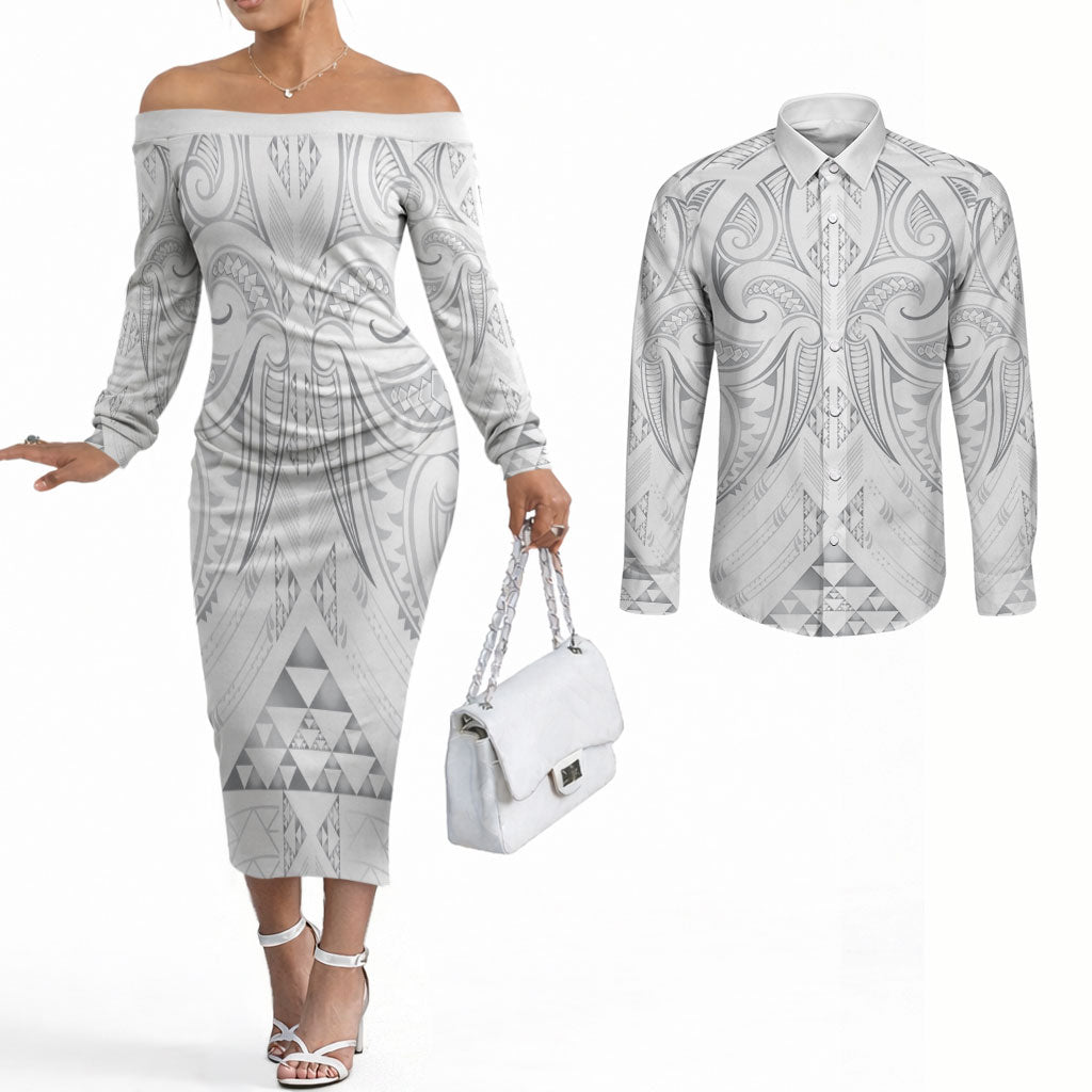 Maori Rugby Custom Ngaru Mangopare Couples Matching Off The Shoulder Long Sleeve Dress and Long Sleeve Button Shirt Kiwikiwi Niho Taniwha Motif