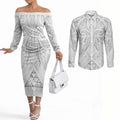 Maori Rugby Custom Ngaru Mangopare Couples Matching Off The Shoulder Long Sleeve Dress and Long Sleeve Button Shirt Kiwikiwi Niho Taniwha Motif