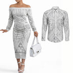 Maori Rugby Custom Ngaru Mangopare Couples Matching Off The Shoulder Long Sleeve Dress and Long Sleeve Button Shirt Kiwikiwi Niho Taniwha Motif