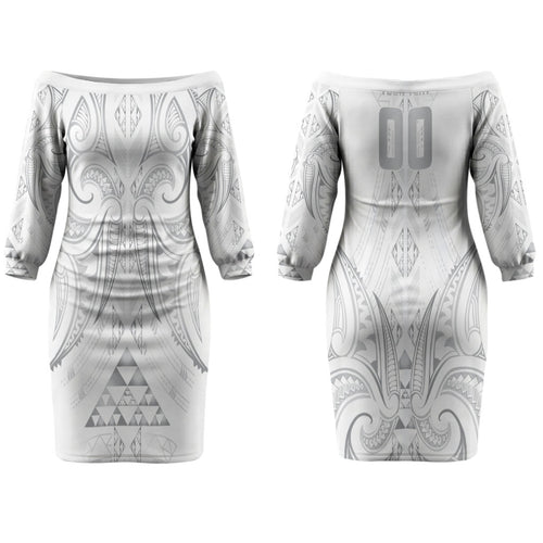 Maori Rugby Custom Ngaru Mangopare Couples Matching Off The Shoulder Long Sleeve Dress and Long Sleeve Button Shirt Kiwikiwi Niho Taniwha Motif