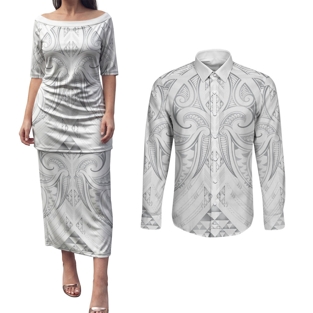Maori Rugby Custom Ngaru Mangopare Couples Matching Puletasi and Long Sleeve Button Shirt Kiwikiwi Niho Taniwha Motif