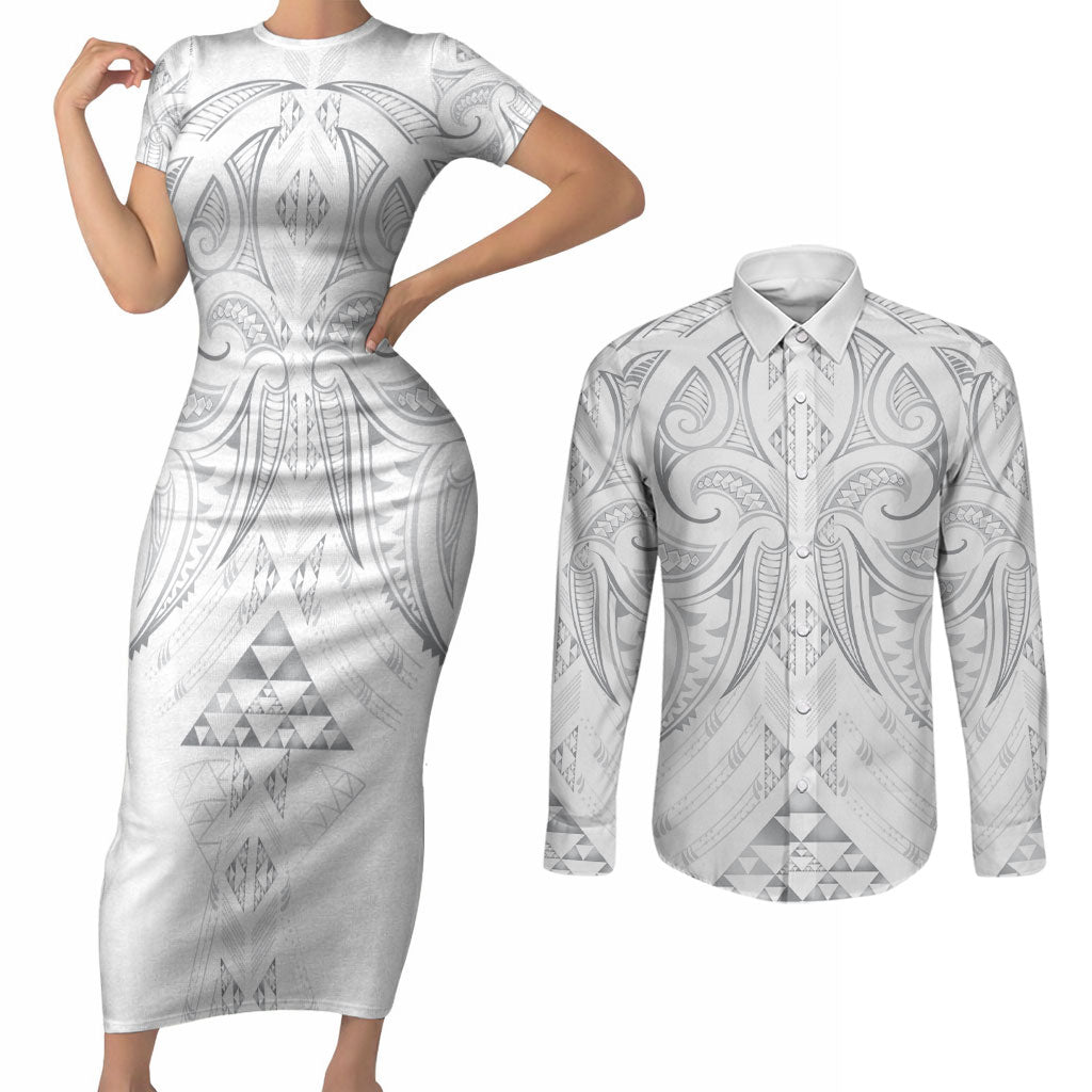 Maori Rugby Custom Ngaru Mangopare Couples Matching Short Sleeve Bodycon Dress and Long Sleeve Button Shirt Kiwikiwi Niho Taniwha Motif