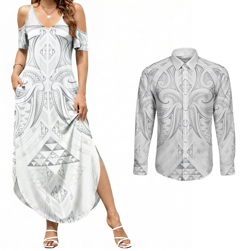 Maori Rugby Custom Ngaru Mangopare Couples Matching Summer Maxi Dress and Long Sleeve Button Shirt Kiwikiwi Niho Taniwha Motif