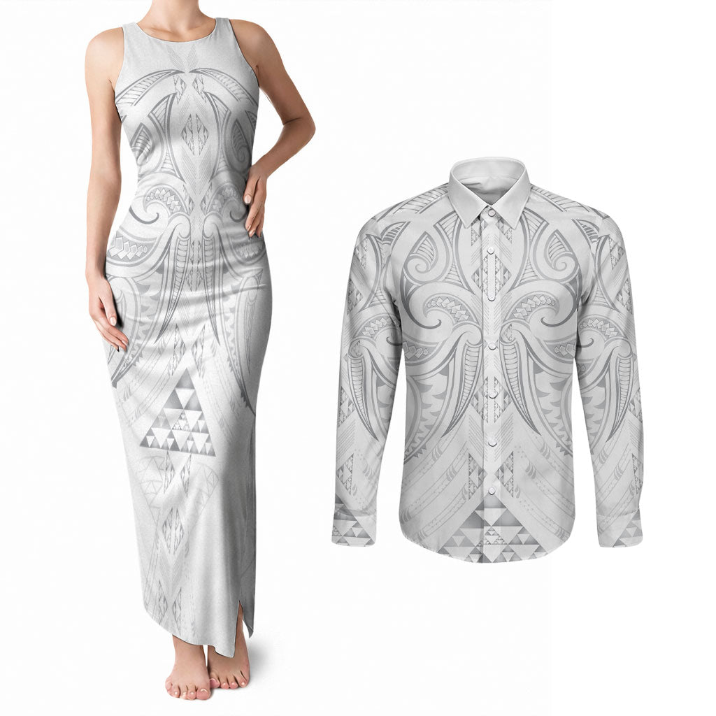 Maori Rugby Custom Ngaru Mangopare Couples Matching Tank Maxi Dress and Long Sleeve Button Shirt Kiwikiwi Niho Taniwha Motif