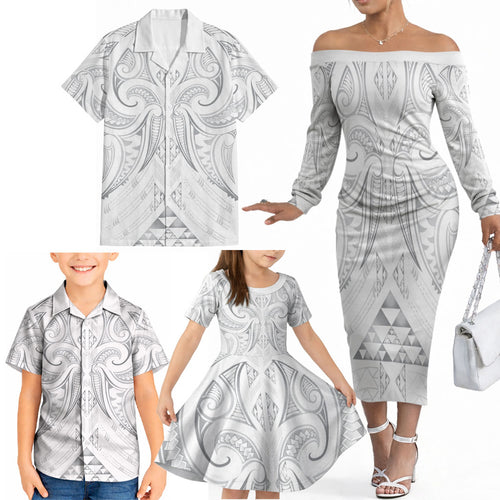 Maori Rugby Custom Ngaru Mangopare Family Matching Off The Shoulder Long Sleeve Dress and Hawaiian Shirt Kiwikiwi Niho Taniwha Motif