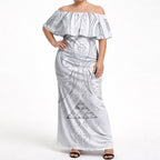 Maori Rugby Custom Ngaru Mangopare Off Shoulder Maxi Dress Kiwikiwi Niho Taniwha Motif