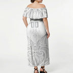 Maori Rugby Custom Ngaru Mangopare Off Shoulder Maxi Dress Kiwikiwi Niho Taniwha Motif