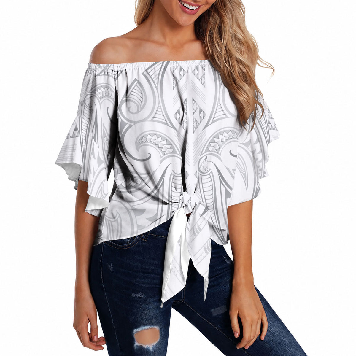 Maori Rugby Custom Ngaru Mangopare Off Shoulder Wrap Waist Top Kiwikiwi Niho Taniwha Motif