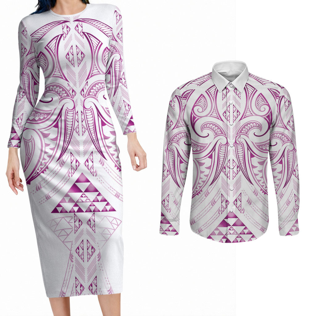 Maori Rugby Custom Ngaru Mangopare Couples Matching Long Sleeve Bodycon Dress and Long Sleeve Button Shirt Mawhero Niho Taniwha Motif