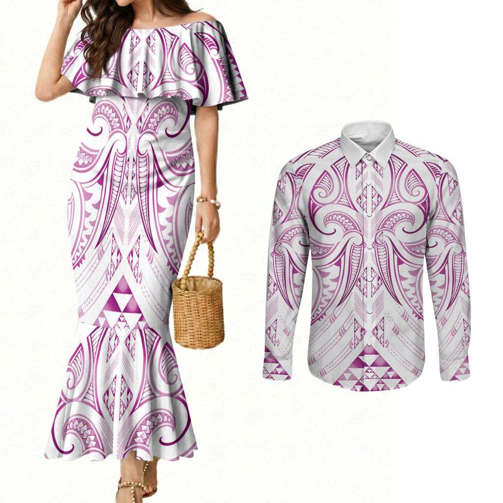 Maori Rugby Custom Ngaru Mangopare Couples Matching Mermaid Dress and Long Sleeve Button Shirt Mawhero Niho Taniwha Motif