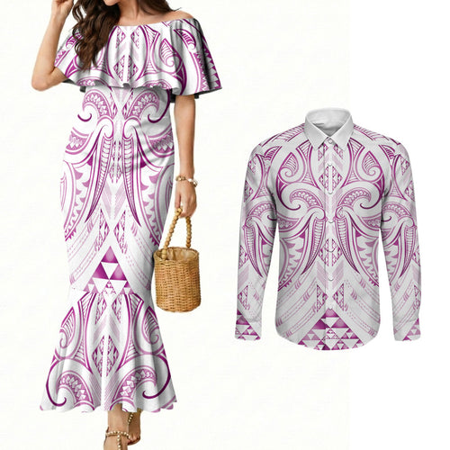 Maori Rugby Custom Ngaru Mangopare Couples Matching Mermaid Dress and Long Sleeve Button Shirt Mawhero Niho Taniwha Motif
