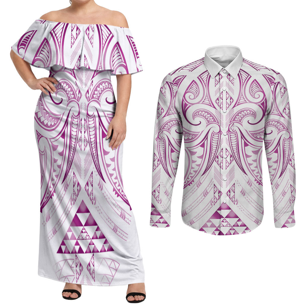 Maori Rugby Custom Ngaru Mangopare Couples Matching Off Shoulder Maxi Dress and Long Sleeve Button Shirt Mawhero Niho Taniwha Motif