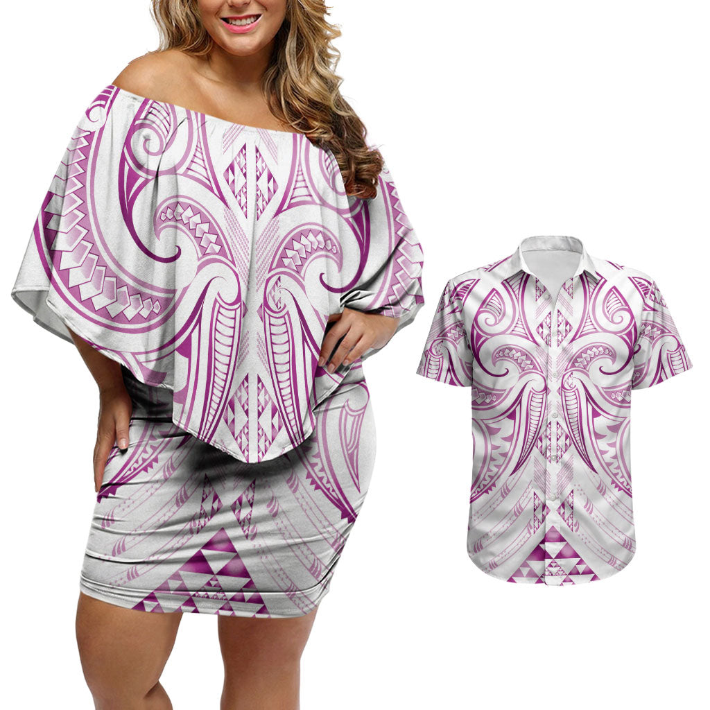 Maori Rugby Custom Ngaru Mangopare Couples Matching Off Shoulder Short Dress and Hawaiian Shirt Mawhero Niho Taniwha Motif