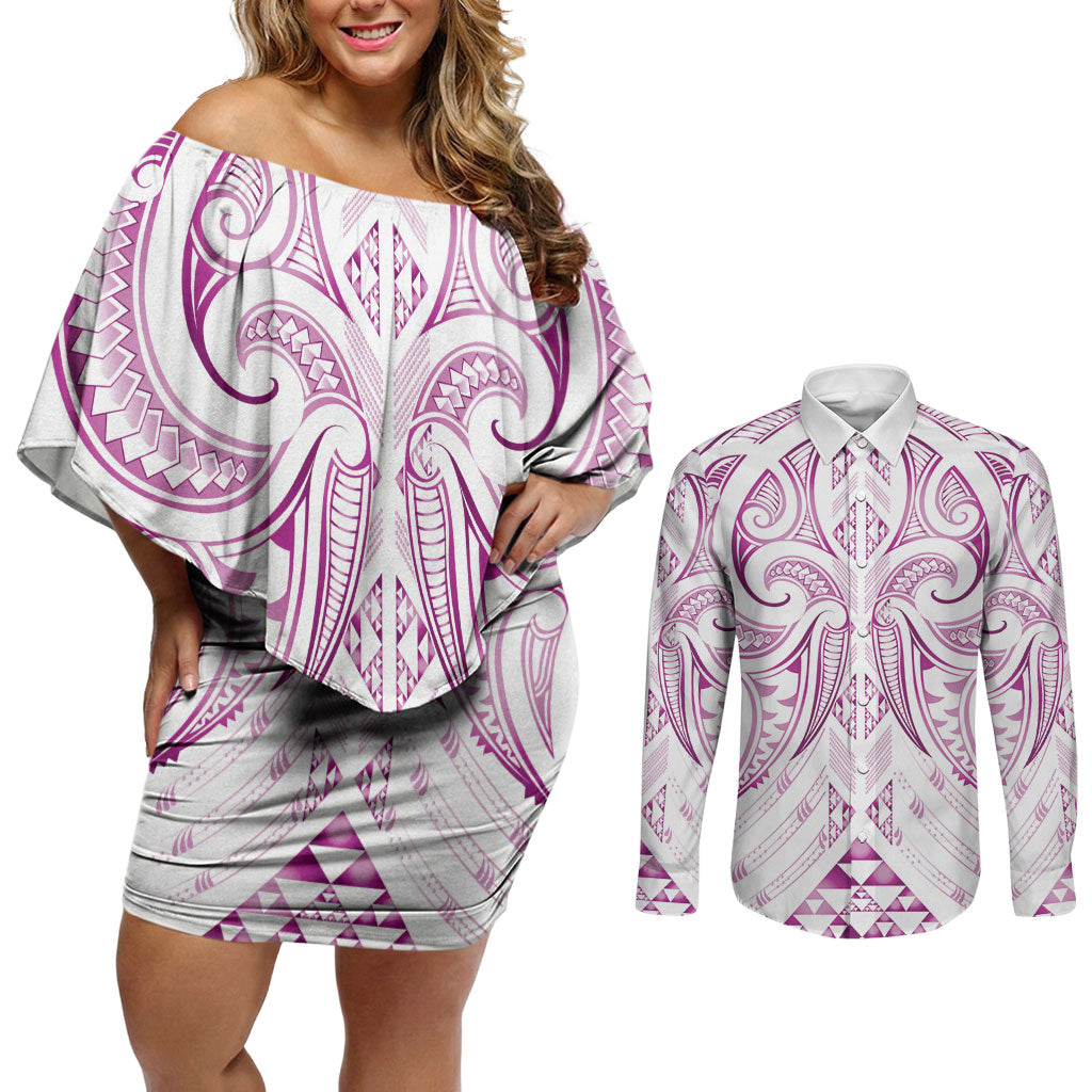 Maori Rugby Custom Ngaru Mangopare Couples Matching Off Shoulder Short Dress and Long Sleeve Button Shirt Mawhero Niho Taniwha Motif