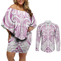 Maori Rugby Custom Ngaru Mangopare Couples Matching Off Shoulder Short Dress and Long Sleeve Button Shirt Mawhero Niho Taniwha Motif