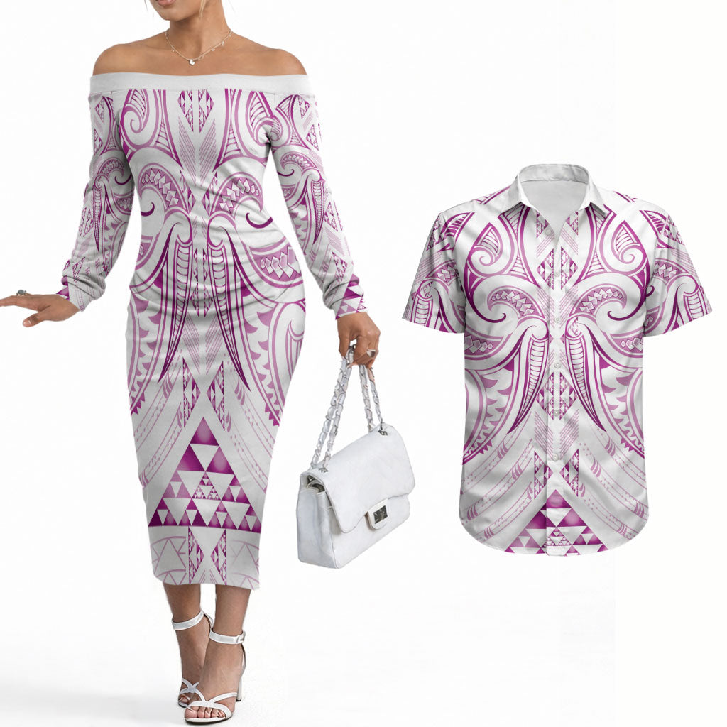 Maori Rugby Custom Ngaru Mangopare Couples Matching Off The Shoulder Long Sleeve Dress and Hawaiian Shirt Mawhero Niho Taniwha Motif