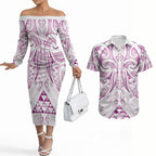 Maori Rugby Custom Ngaru Mangopare Couples Matching Off The Shoulder Long Sleeve Dress and Hawaiian Shirt Mawhero Niho Taniwha Motif