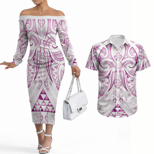 Maori Rugby Custom Ngaru Mangopare Couples Matching Off The Shoulder Long Sleeve Dress and Hawaiian Shirt Mawhero Niho Taniwha Motif