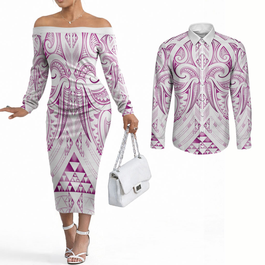 Maori Rugby Custom Ngaru Mangopare Couples Matching Off The Shoulder Long Sleeve Dress and Long Sleeve Button Shirt Mawhero Niho Taniwha Motif