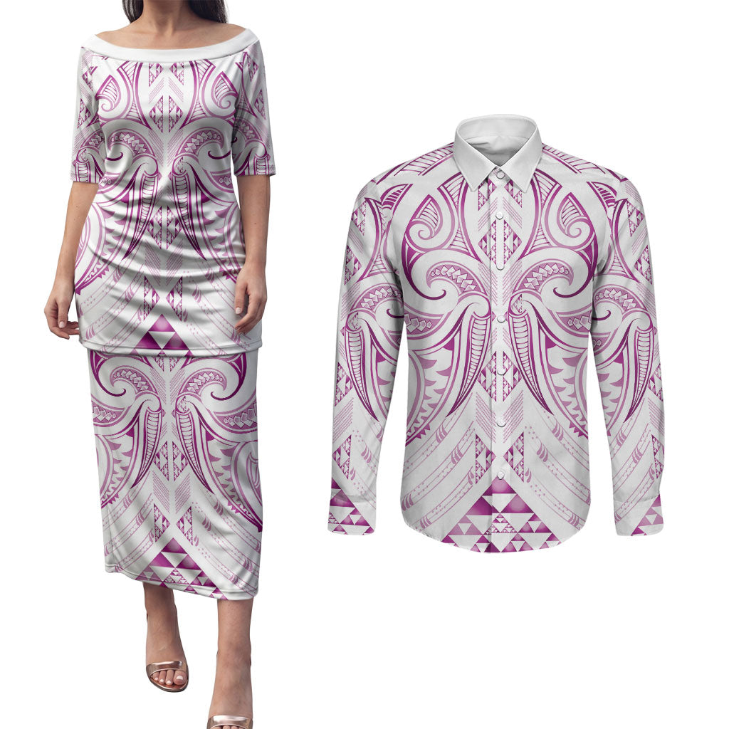 Maori Rugby Custom Ngaru Mangopare Couples Matching Puletasi and Long Sleeve Button Shirt Mawhero Niho Taniwha Motif