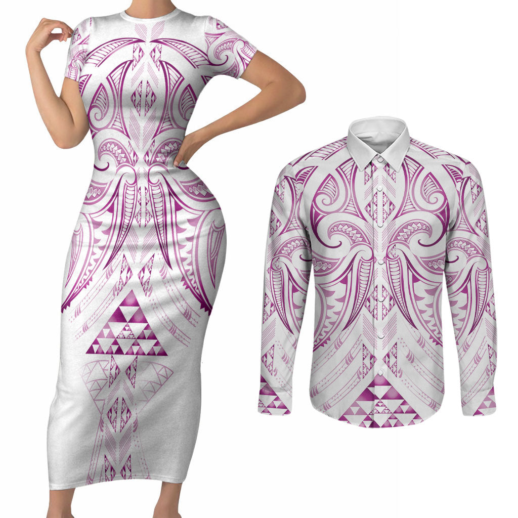 Maori Rugby Custom Ngaru Mangopare Couples Matching Short Sleeve Bodycon Dress and Long Sleeve Button Shirt Mawhero Niho Taniwha Motif
