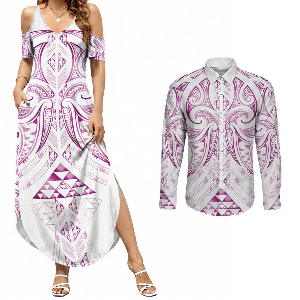 Maori Rugby Custom Ngaru Mangopare Couples Matching Summer Maxi Dress and Long Sleeve Button Shirt Mawhero Niho Taniwha Motif