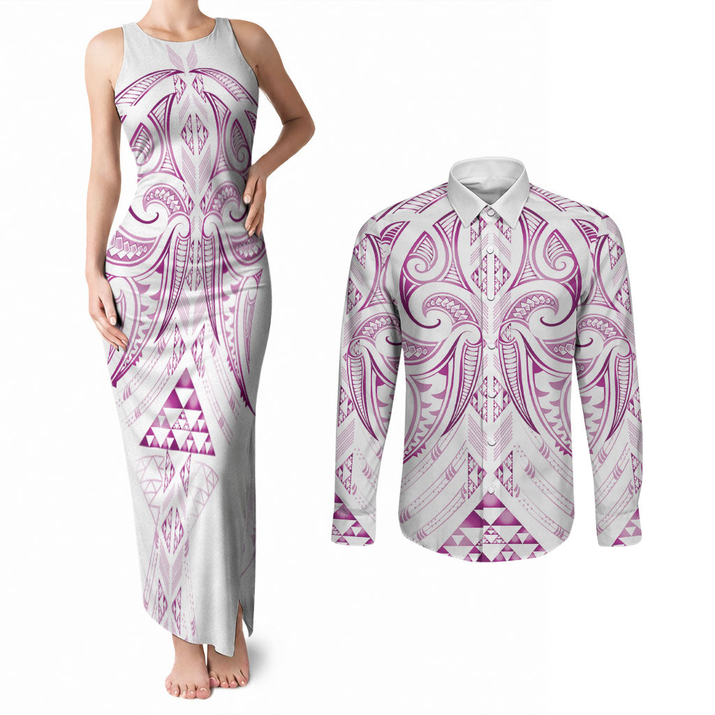 Maori Rugby Custom Ngaru Mangopare Couples Matching Tank Maxi Dress and Long Sleeve Button Shirt Mawhero Niho Taniwha Motif