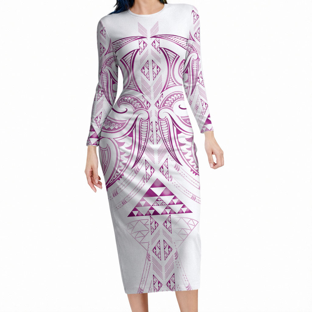 Maori Rugby Custom Ngaru Mangopare Long Sleeve Bodycon Dress Mawhero Niho Taniwha Motif