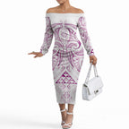 Maori Rugby Custom Ngaru Mangopare Off The Shoulder Long Sleeve Dress Mawhero Niho Taniwha Motif