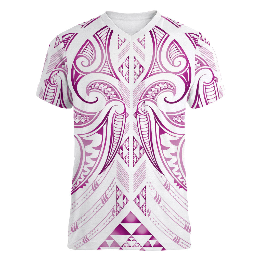 Maori Rugby Custom Ngaru Mangopare Women V-Neck T-Shirt Mawhero Niho Taniwha Motif