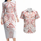 Maori Rugby Custom Ngaru Mangopare Couples Matching Long Sleeve Bodycon Dress and Hawaiian Shirt Whero Niho Taniwha Motif