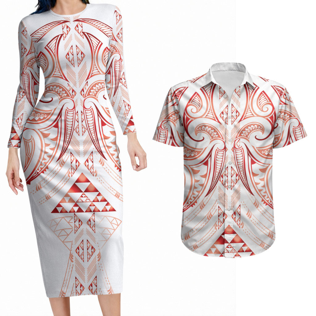 Maori Rugby Custom Ngaru Mangopare Couples Matching Long Sleeve Bodycon Dress and Hawaiian Shirt Whero Niho Taniwha Motif