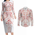 Maori Rugby Custom Ngaru Mangopare Couples Matching Long Sleeve Bodycon Dress and Long Sleeve Button Shirt Whero Niho Taniwha Motif