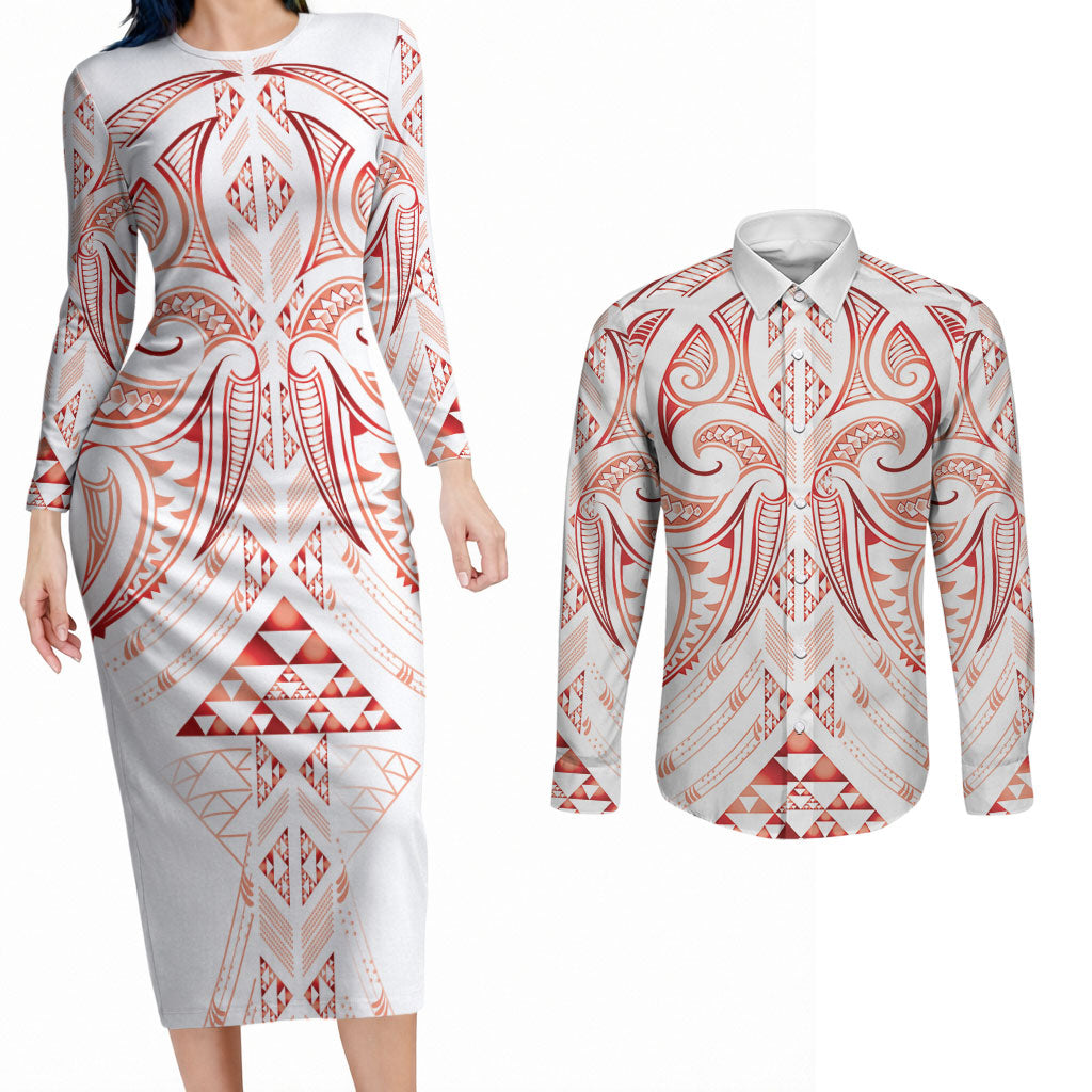 Maori Rugby Custom Ngaru Mangopare Couples Matching Long Sleeve Bodycon Dress and Long Sleeve Button Shirt Whero Niho Taniwha Motif